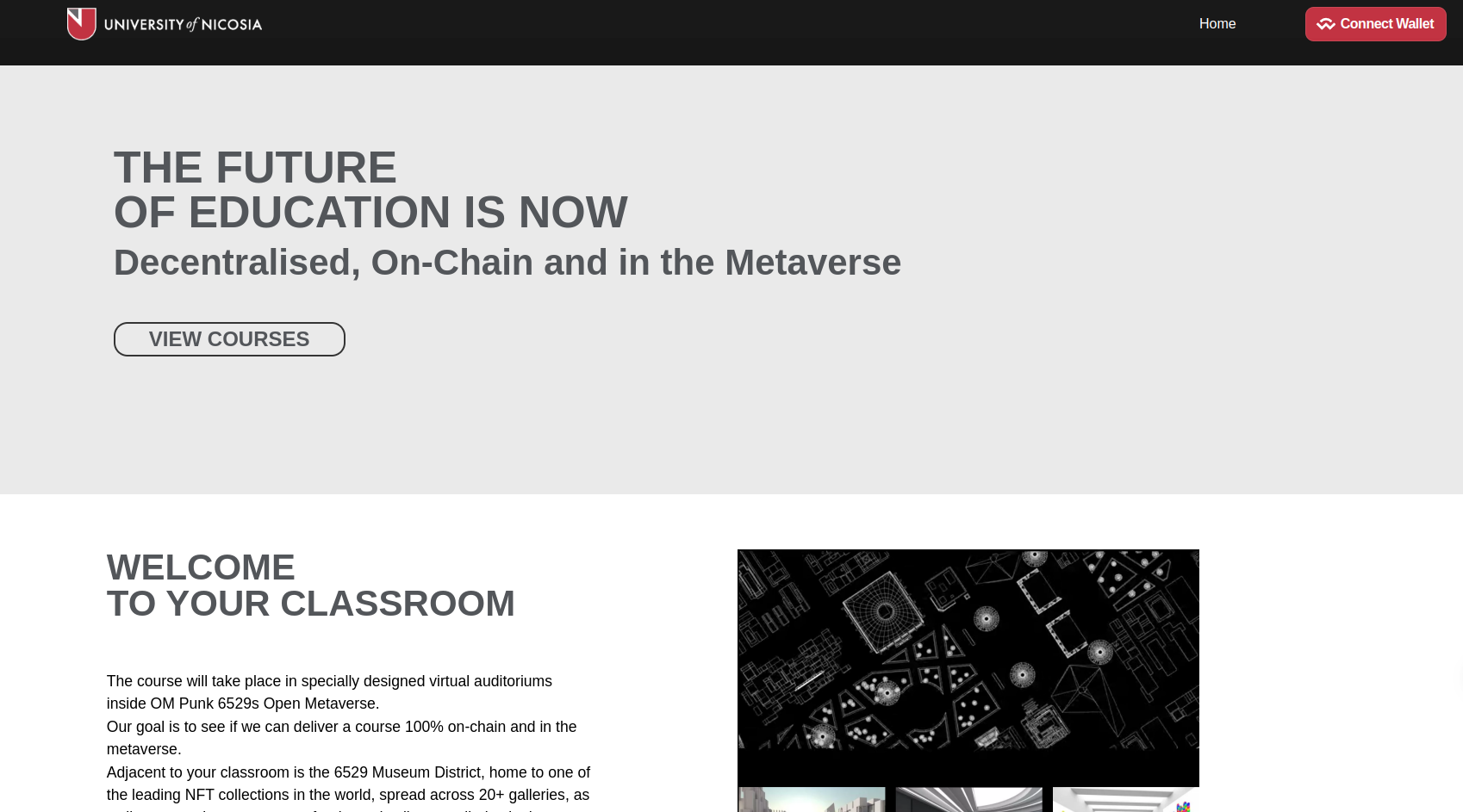 University of Nicosia metaverse course site with a Connect Wallet button
