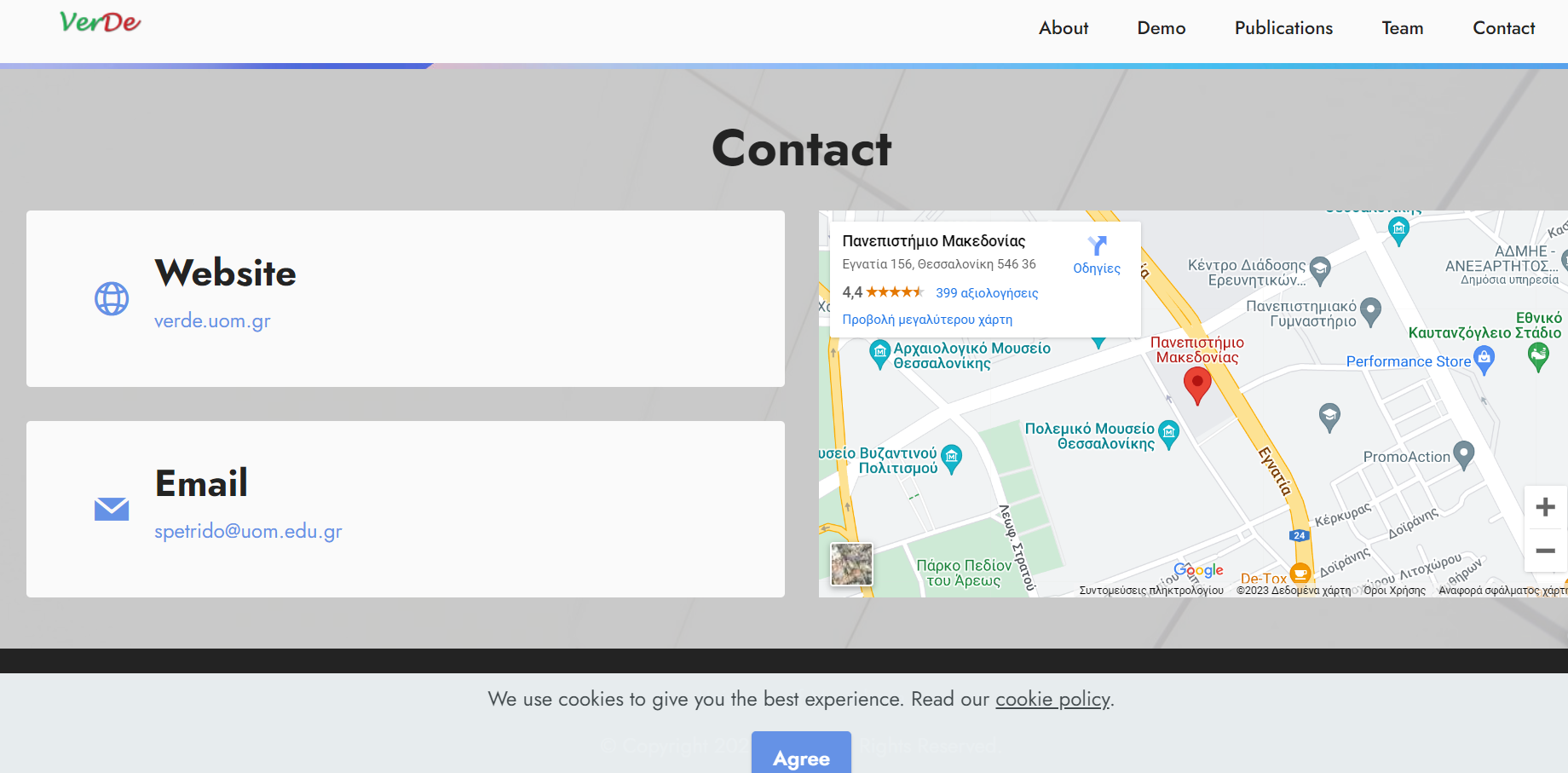 VerDe website, contact page with a map of the University of Macedonia